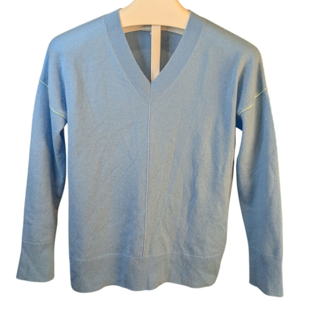 Coastal Chic Kinross 100% Cashmere Blue Contrast Seam V-Neck Sweater Size S